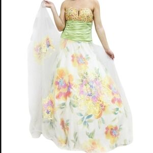 Jovani White Green Poofy Pink Floral Sequined Corset Prom Dress Size 14